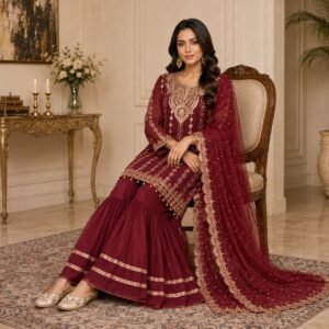 Maroon chiffon suits pakistani