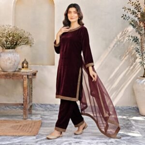 Maroon Stitched Embroidered Velvet Suit-UK