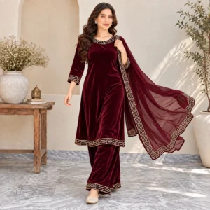 Maroon Stitched Embroidered Velvet Suit-UK