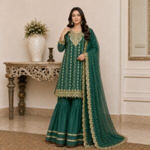 emerald green pakistani chiffon party wear suit