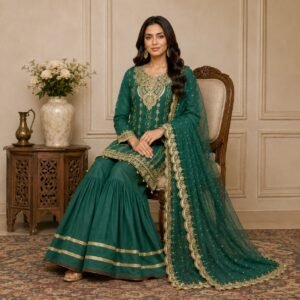 emerald green pakistani chiffon party wear suit