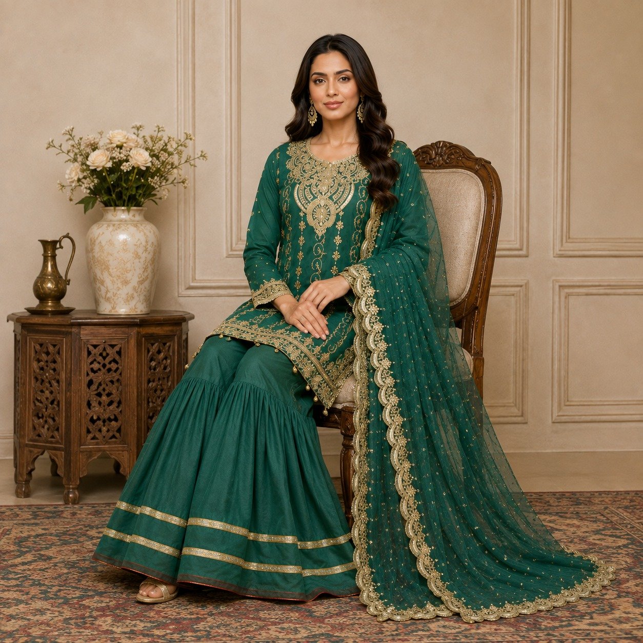 emerald green pakistani chiffon party wear suit