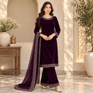 Plum Stitched Embroidered Velvet Suit UK