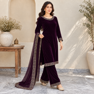 Plum Stitched Embroidered Velvet Suit UK