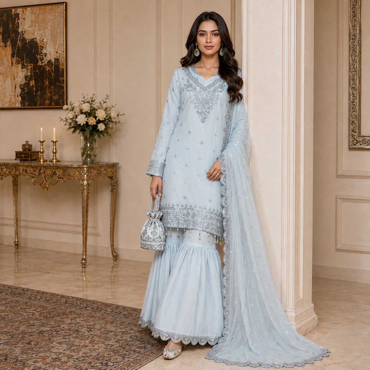 sky blue Pakistani chiffon suit uk