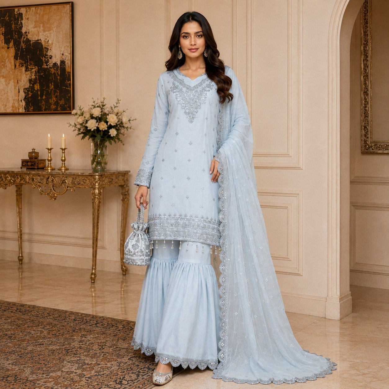 sky blue Pakistani chiffon suit uk