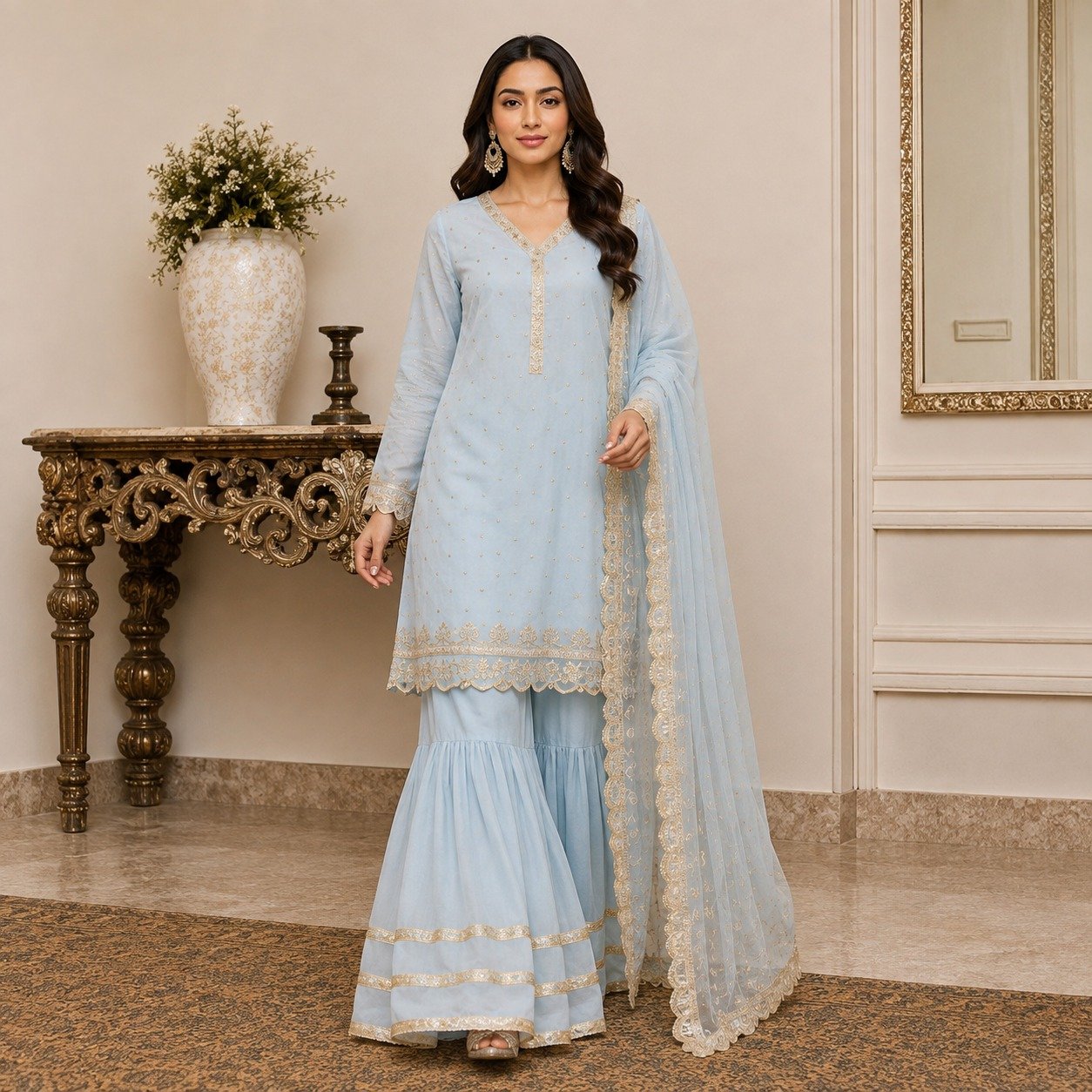 sky blue pakistani chiffon party wear suit