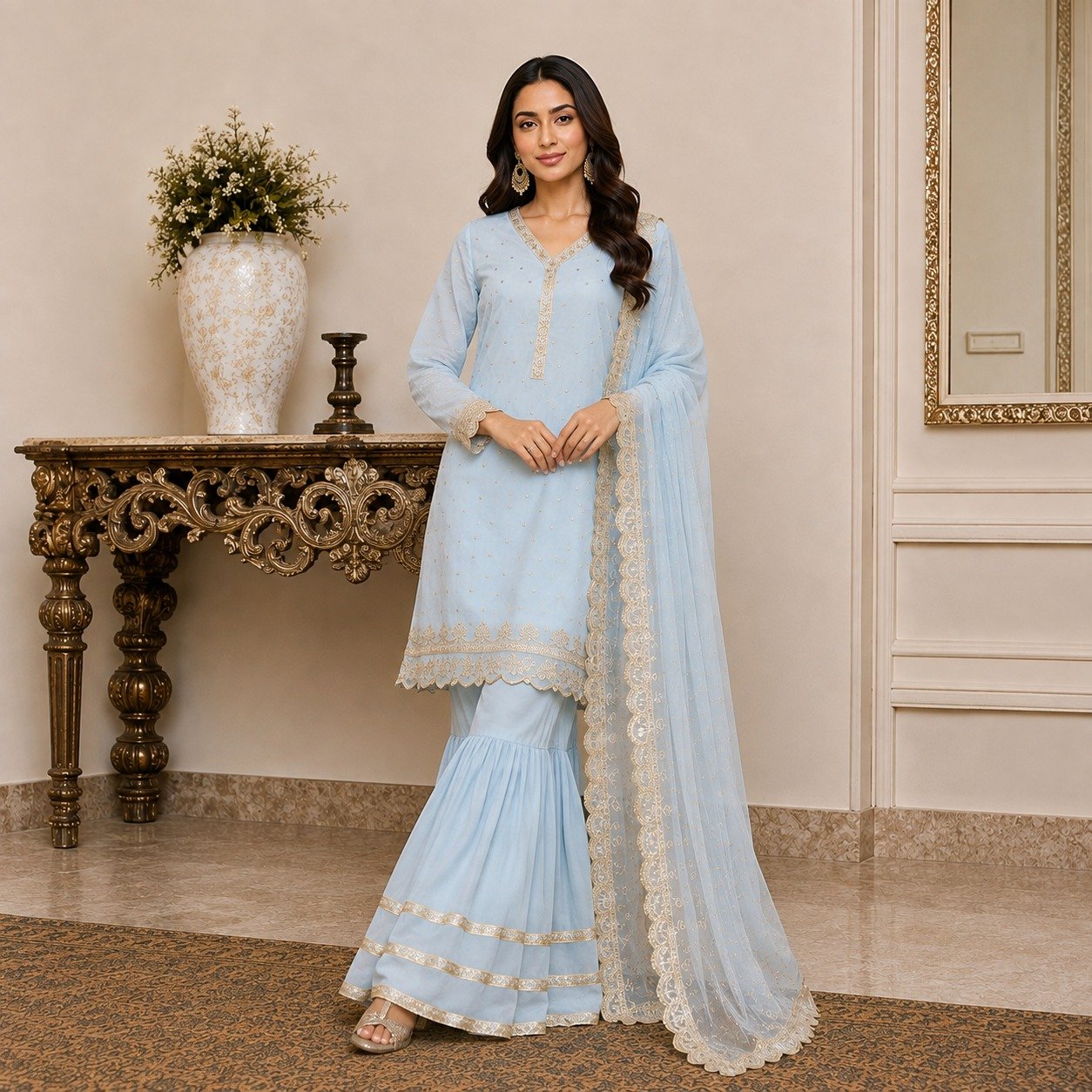 sky blue pakistani chiffon party wear suit