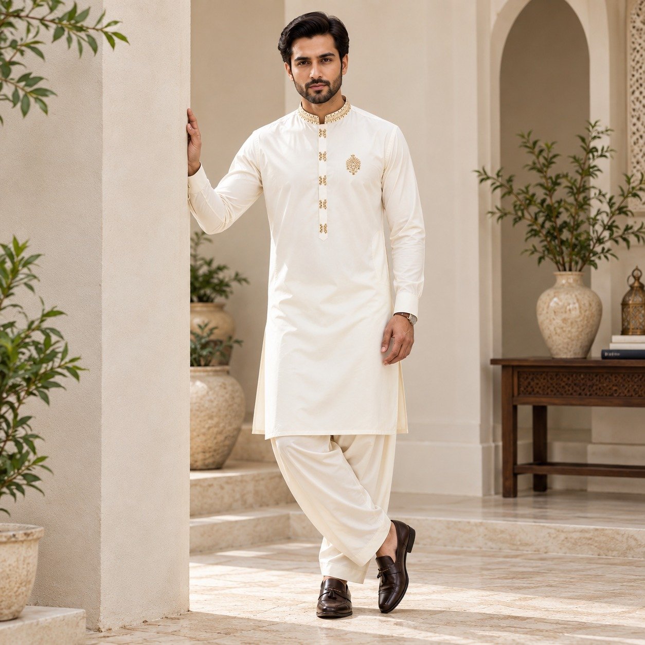 Off-White Mens Wedding Wear Kurta
